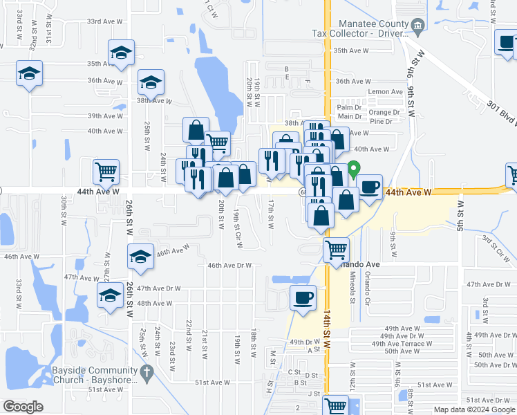 map of restaurants, bars, coffee shops, grocery stores, and more near 1721 Cortez Road West in Bradenton