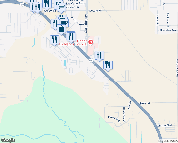 map of restaurants, bars, coffee shops, grocery stores, and more near 36-40 Grove Loop in Sebring