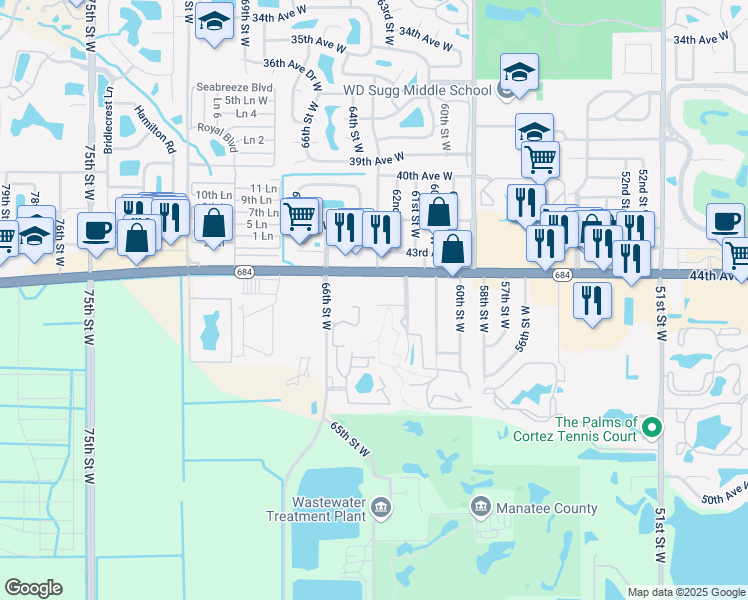 map of restaurants, bars, coffee shops, grocery stores, and more near 6305 Cortez Road West in Bradenton