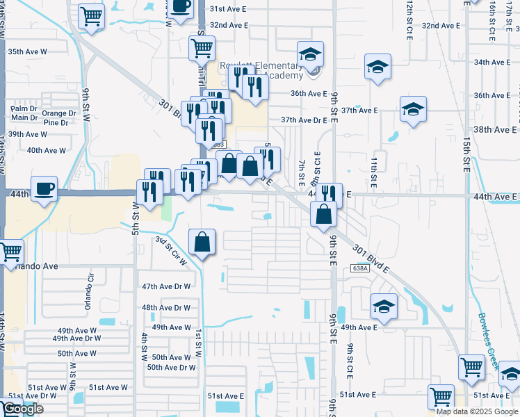 map of restaurants, bars, coffee shops, grocery stores, and more near 16 5th Street East in Bradenton