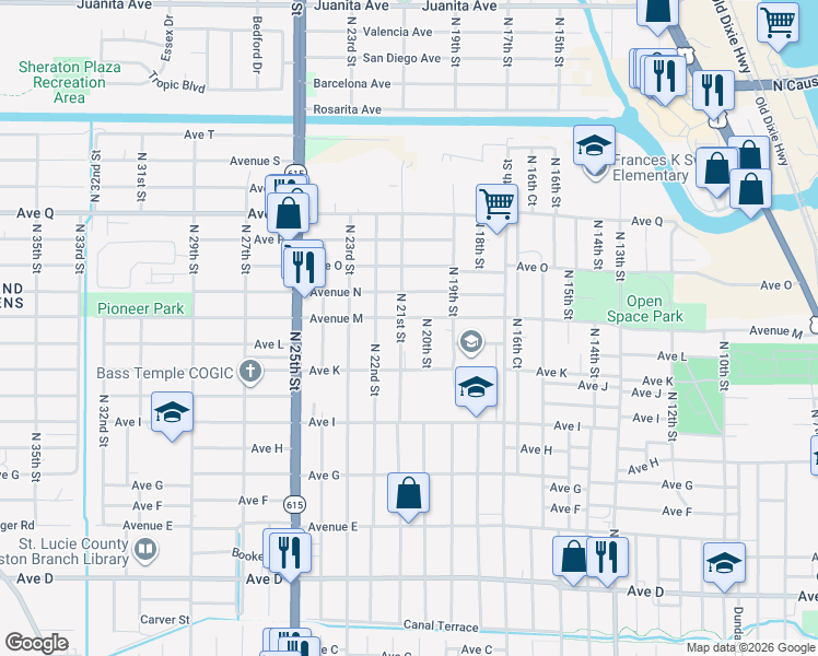 map of restaurants, bars, coffee shops, grocery stores, and more near 1323 North 21st Street in Fort Pierce
