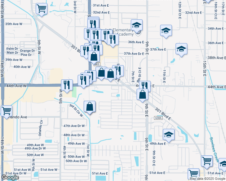 map of restaurants, bars, coffee shops, grocery stores, and more near 16 5th Street East in Bradenton