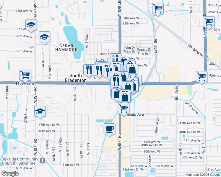 map of restaurants, bars, coffee shops, grocery stores, and more near 1415 Cortez Road West in Bradenton