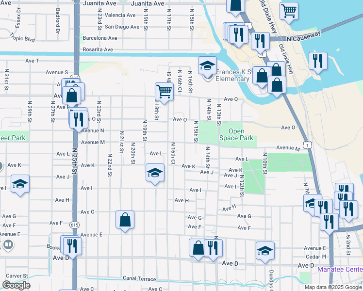map of restaurants, bars, coffee shops, grocery stores, and more near 1601 Avenue M in Fort Pierce