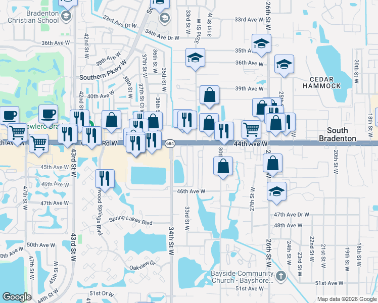 map of restaurants, bars, coffee shops, grocery stores, and more near 4403 Calm Harbor Street in Bradenton