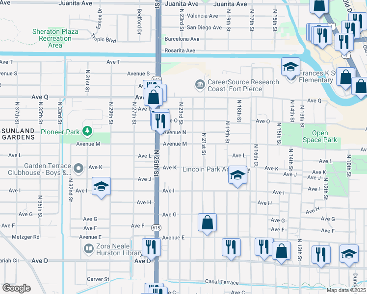 map of restaurants, bars, coffee shops, grocery stores, and more near 2209 Avenue M in Fort Pierce