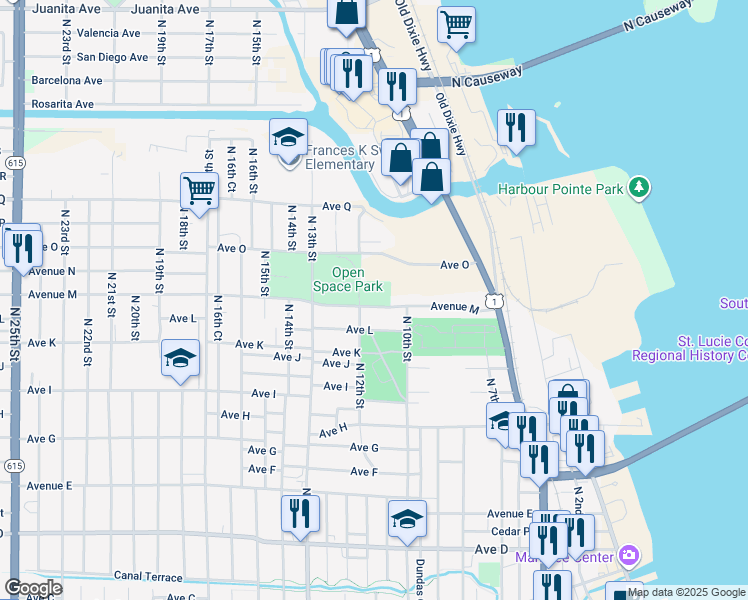 map of restaurants, bars, coffee shops, grocery stores, and more near 1112 Avenue M in Fort Pierce