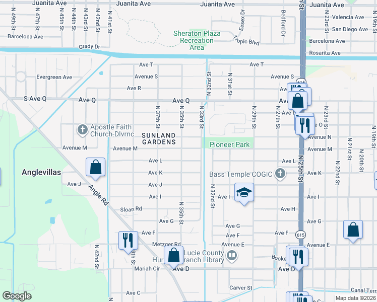 map of restaurants, bars, coffee shops, grocery stores, and more near 3401 Avenue M in Fort Pierce