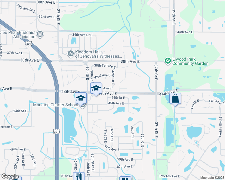 map of restaurants, bars, coffee shops, grocery stores, and more near 3212 43rd Avenue East in Bradenton