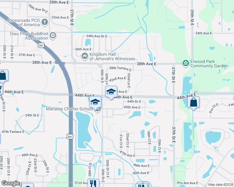 map of restaurants, bars, coffee shops, grocery stores, and more near 3106 43rd Avenue East in Bradenton