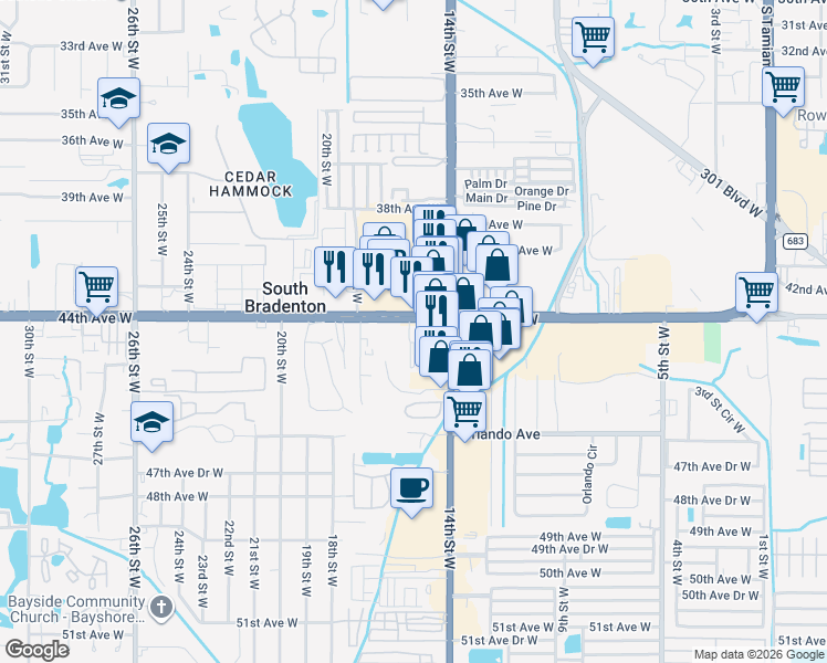 map of restaurants, bars, coffee shops, grocery stores, and more near 1415 Cortez Road West in Bradenton