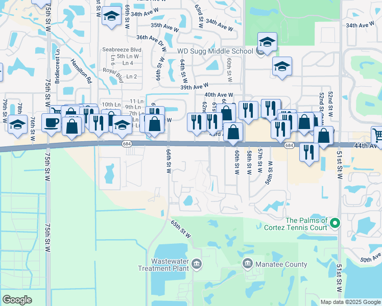 map of restaurants, bars, coffee shops, grocery stores, and more near 6305 Cortez Rd W in Bradenton