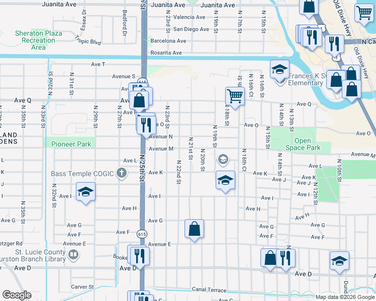map of restaurants, bars, coffee shops, grocery stores, and more near 1323 North 21st Street in Fort Pierce