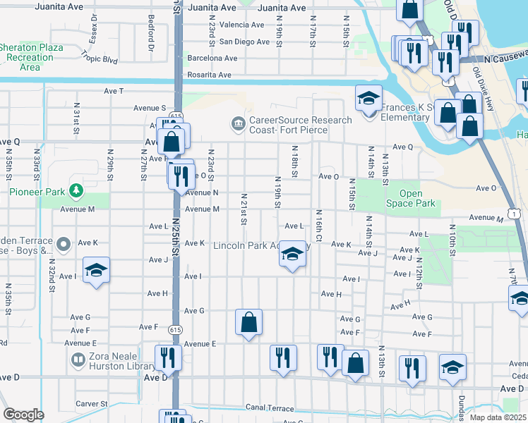 map of restaurants, bars, coffee shops, grocery stores, and more near 1220 North 20th Street in Fort Pierce