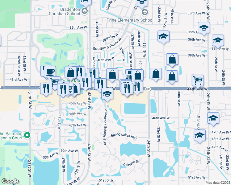 map of restaurants, bars, coffee shops, grocery stores, and more near 3639 Cortez Road West in Bradenton