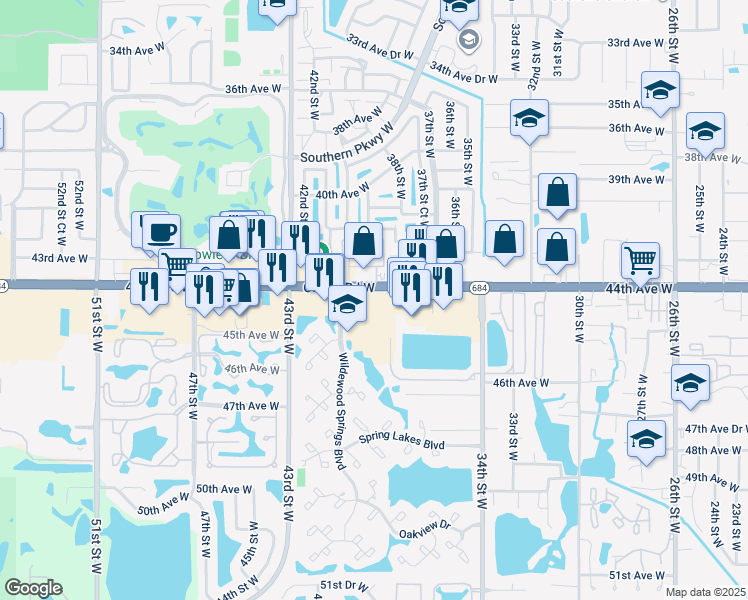 map of restaurants, bars, coffee shops, grocery stores, and more near 3639 Cortez Road West in Bradenton