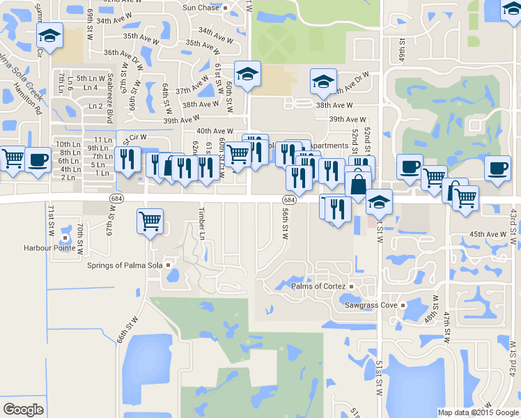 map of restaurants, bars, coffee shops, grocery stores, and more near 4407 58th Street West in Bradenton