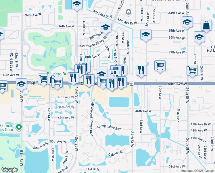 map of restaurants, bars, coffee shops, grocery stores, and more near 3631 Cortez Road West in Bradenton