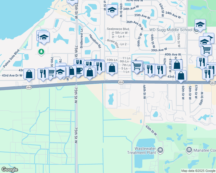 map of restaurants, bars, coffee shops, grocery stores, and more near 7005 State Highway 684 in Bradenton