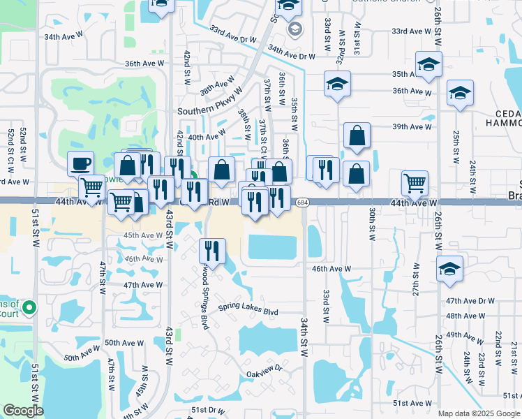 map of restaurants, bars, coffee shops, grocery stores, and more near 3631 Cortez Road West in Bradenton