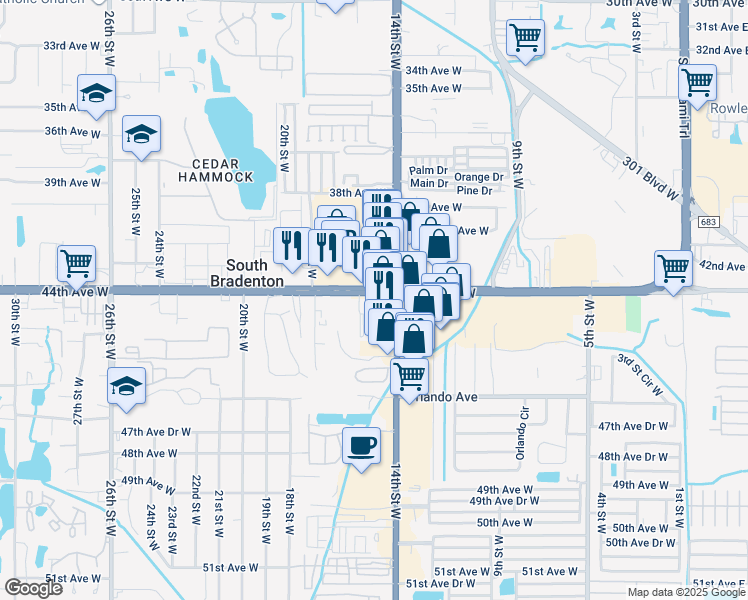 map of restaurants, bars, coffee shops, grocery stores, and more near 1415 Cortez Road West in Bradenton