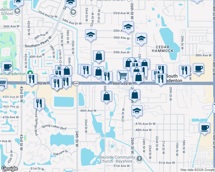 map of restaurants, bars, coffee shops, grocery stores, and more near 2927 Cortez Road West in Bradenton