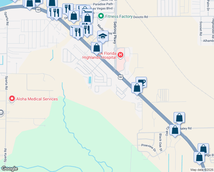 map of restaurants, bars, coffee shops, grocery stores, and more near Michigan Road in Sebring