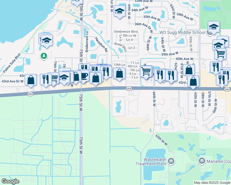 map of restaurants, bars, coffee shops, grocery stores, and more near 7005 State Highway 684 in Bradenton