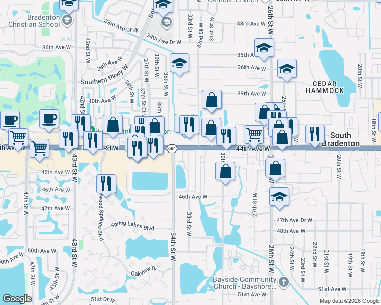map of restaurants, bars, coffee shops, grocery stores, and more near 4403 Calm Harbor Street in Bradenton