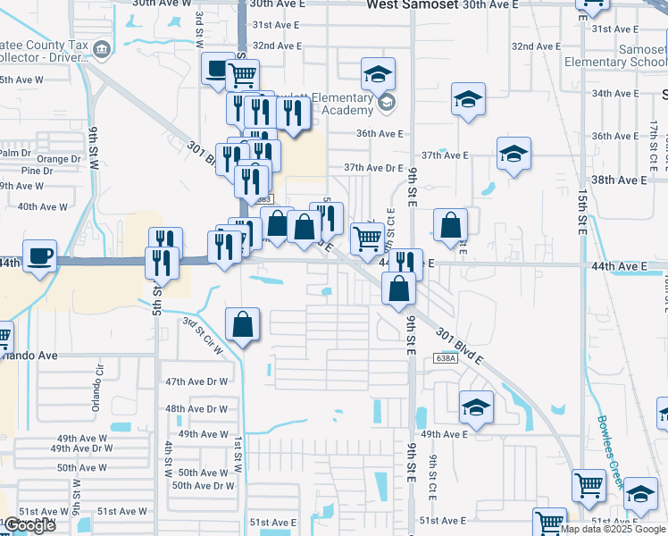 map of restaurants, bars, coffee shops, grocery stores, and more near 5 Cortez Lane in Bradenton