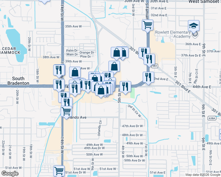 map of restaurants, bars, coffee shops, grocery stores, and more near 637 Cortez Road West in Bradenton
