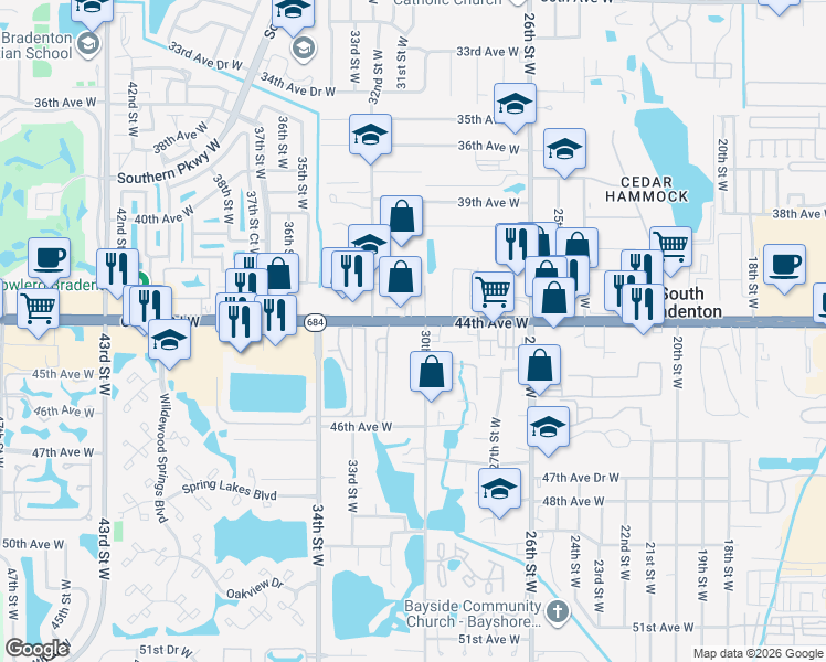 map of restaurants, bars, coffee shops, grocery stores, and more near 2927 Cortez Road West in Bradenton