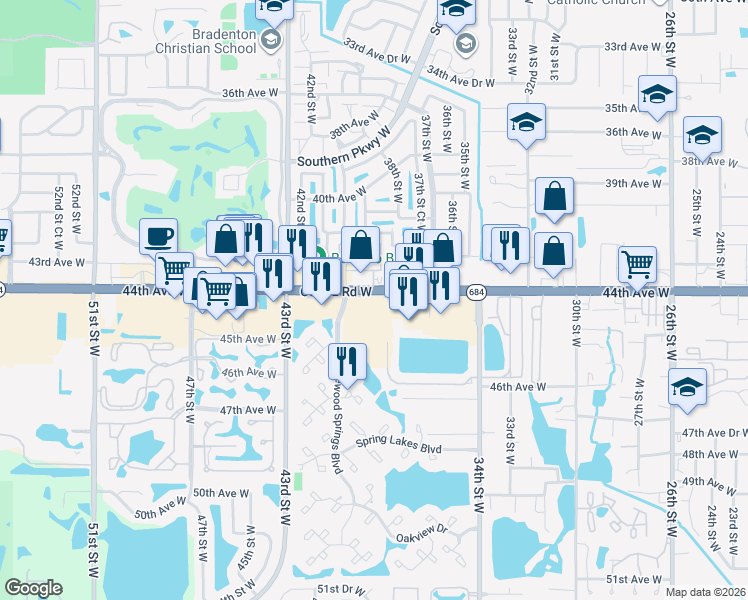 map of restaurants, bars, coffee shops, grocery stores, and more near 3639 Cortez Road West in Bradenton