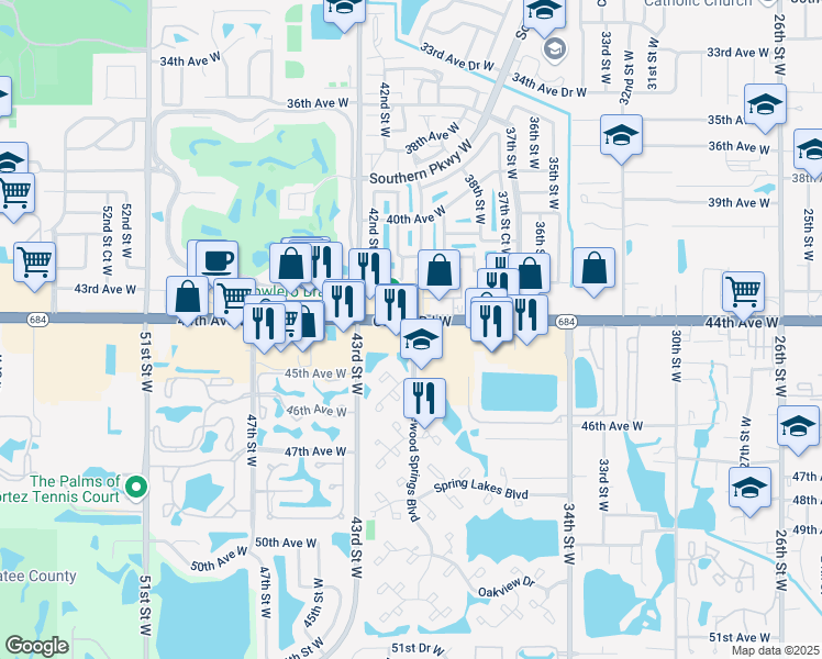 map of restaurants, bars, coffee shops, grocery stores, and more near 3903 Cortez Road West in Bradenton