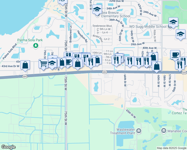 map of restaurants, bars, coffee shops, grocery stores, and more near 7005 Cortez Road West in Bradenton