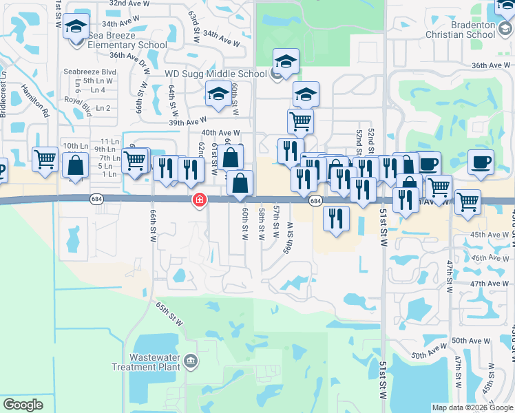 map of restaurants, bars, coffee shops, grocery stores, and more near 4407 58th Street West in Bradenton
