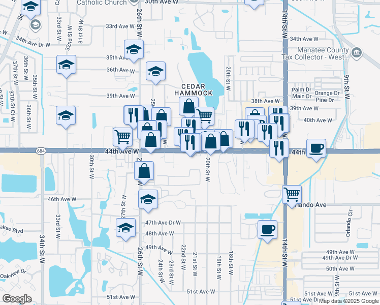 map of restaurants, bars, coffee shops, grocery stores, and more near 2215 Cortez Road West in Bradenton