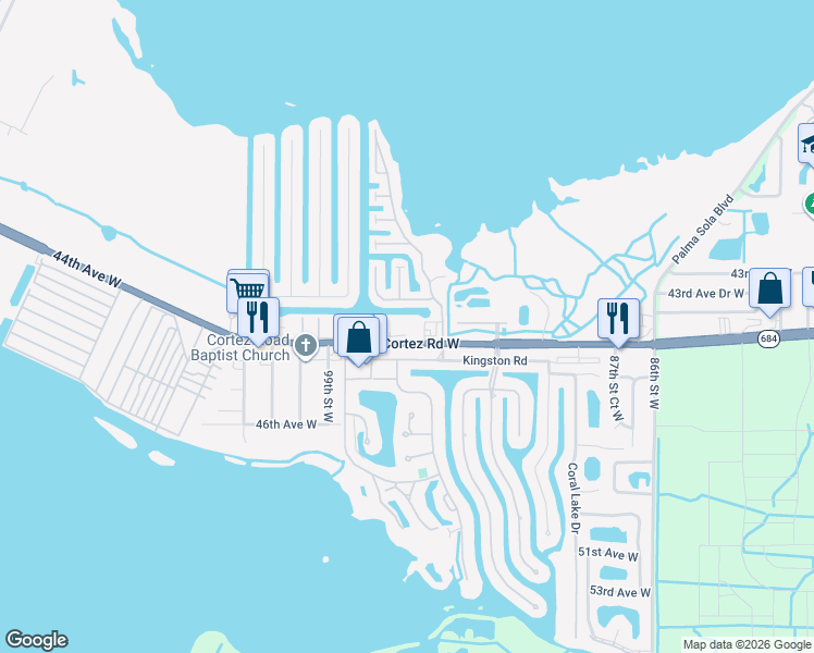 map of restaurants, bars, coffee shops, grocery stores, and more near 9416 Cortez Road West in Cortez