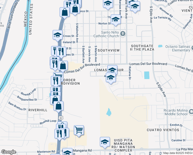map of restaurants, bars, coffee shops, grocery stores, and more near 2407 Alegria Street in Laredo
