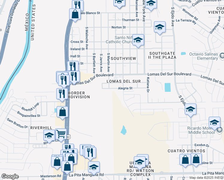 map of restaurants, bars, coffee shops, grocery stores, and more near 2407 Alegria Street in Laredo