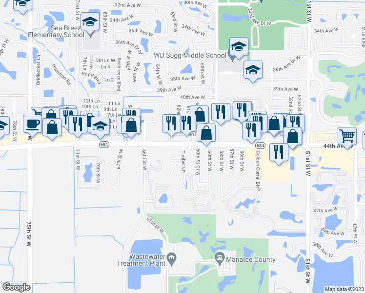 map of restaurants, bars, coffee shops, grocery stores, and more near 6101 Cortez Road West in Bradenton