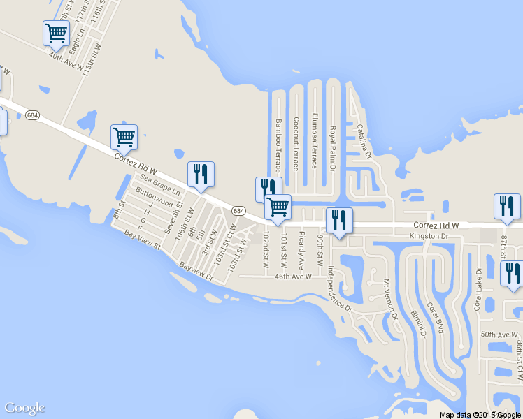 map of restaurants, bars, coffee shops, grocery stores, and more near 10350 Cortez Road West in Bradenton