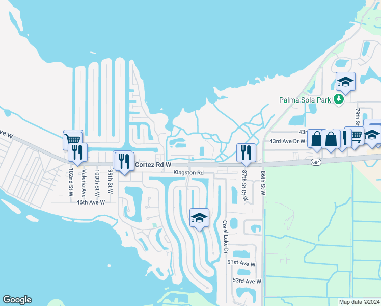 map of restaurants, bars, coffee shops, grocery stores, and more near 9204 43rd Terrace West in Bradenton