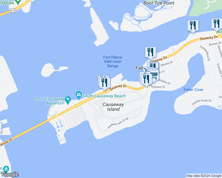 map of restaurants, bars, coffee shops, grocery stores, and more near 871 Seaway Drive in Fort Pierce