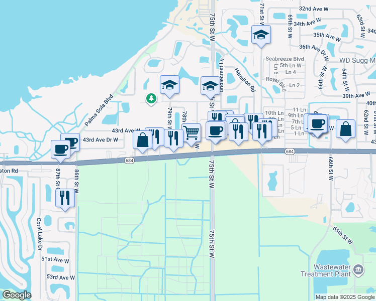 map of restaurants, bars, coffee shops, grocery stores, and more near 108 Cortez Road West in Bradenton