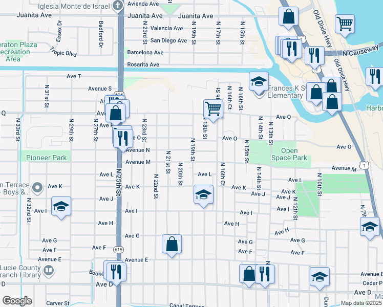 map of restaurants, bars, coffee shops, grocery stores, and more near 1220 North 20th Street in Fort Pierce