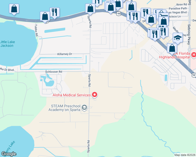 map of restaurants, bars, coffee shops, grocery stores, and more near 1855 Schlosser Road in Sebring