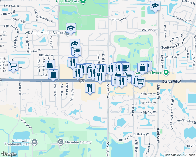 map of restaurants, bars, coffee shops, grocery stores, and more near 4211 52nd Street Court West in Bradenton