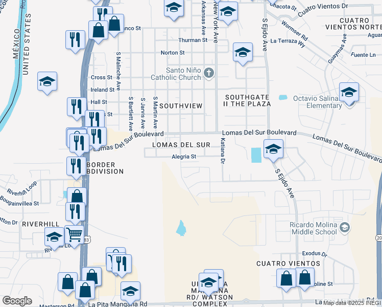 map of restaurants, bars, coffee shops, grocery stores, and more near 2512 Alegria Street in Laredo