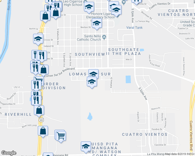 map of restaurants, bars, coffee shops, grocery stores, and more near 2518 Alegria Street in Laredo